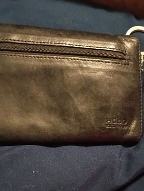 HOBO Black Leather Zip Wristlet with Key Ring Accent